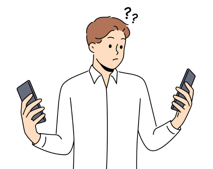 Illustration of a man comparing two mobile phones, unsure which to choose